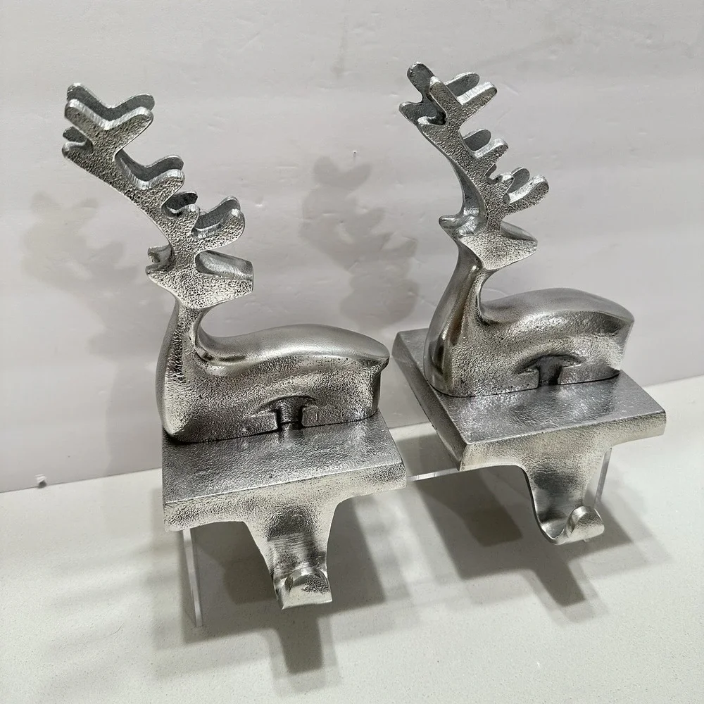 Crate Barrel Reindeer Brushed Matte Silver Stocking Hanger Holder Hooks SET of 2